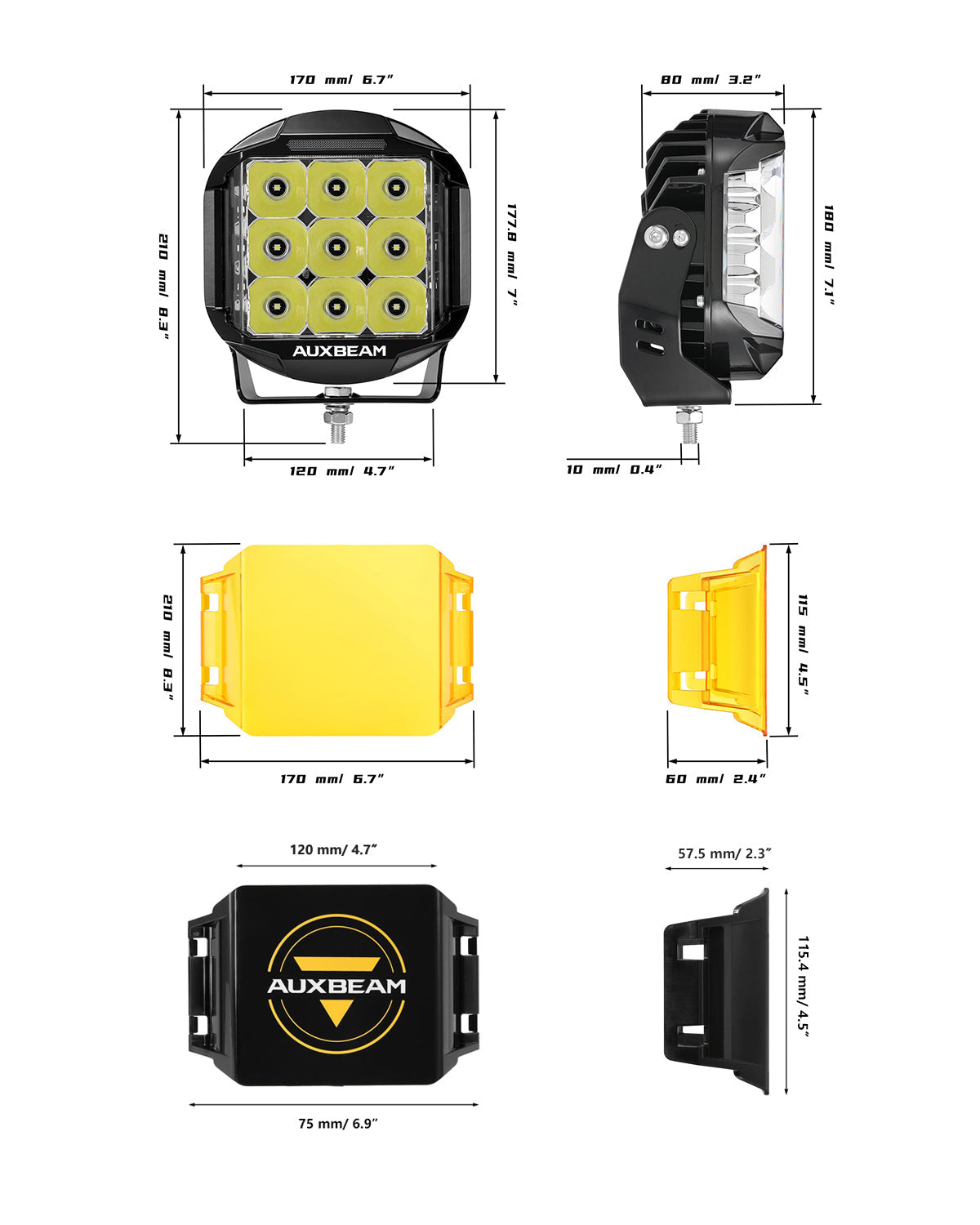 Auxbeam V-MAX Series 7" LED Driving Lights – 228W, 26,100LM, Spot Beam Side Shooter, Amber DRL & Backlight