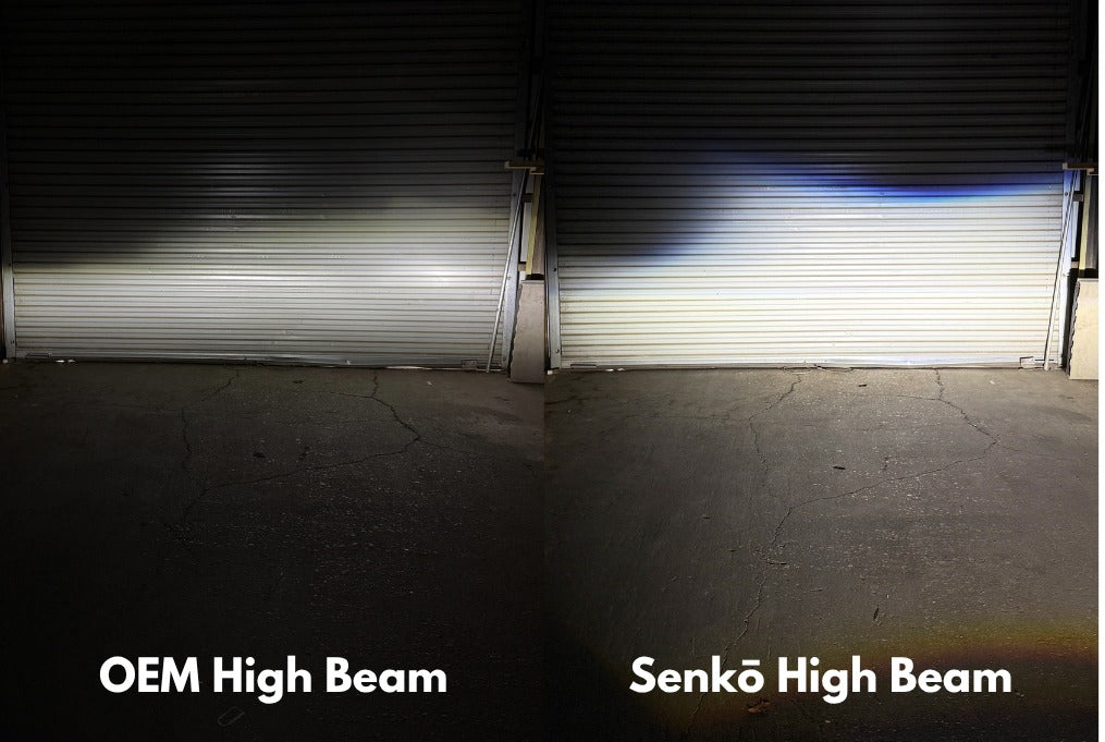 Factory high beam next to TSP Senko high beam projected on the same wall at night
