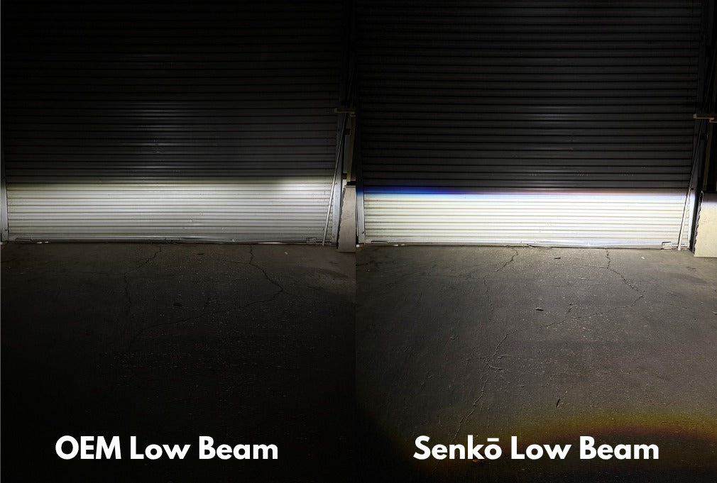 Factory low beam next to TSP Senko low beam projected on the same wall at night