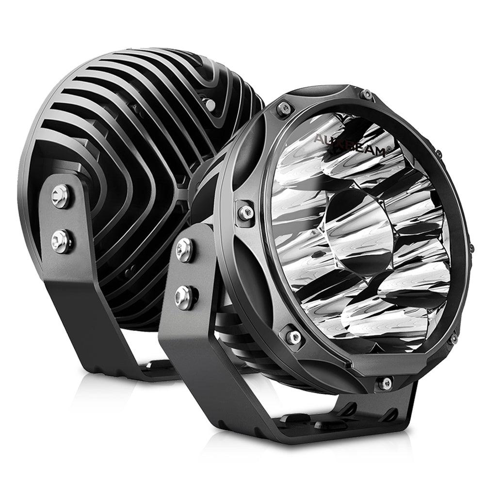 Auxbeam 7" 90W Round LED Driving Lights – Spot Beam, SAE Compliant, Off-Road, Amber/Black Covers Optional (2 Pack)