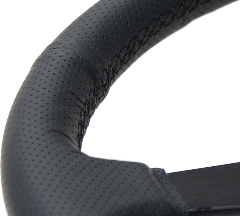 NRG Sport Steering Wheel (350mm / 1.5in Deep) Black Leather Black Stitch w/Matte Black Solid Spokes