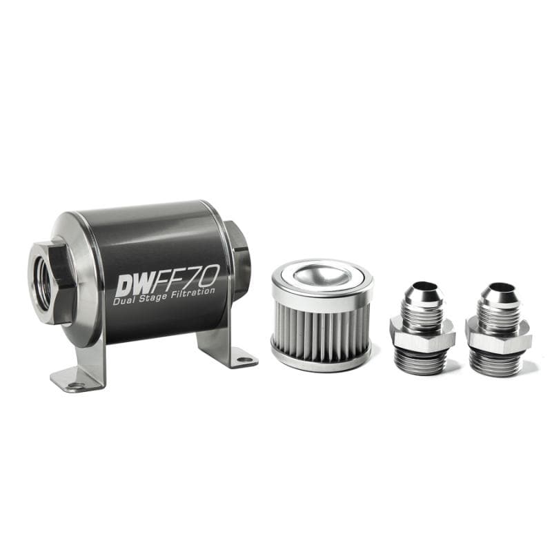 DeatschWerks Stainless Steel 8AN 10 Micron Universal Inline Fuel Filter Housing Kit (70mm) - Two Step Performance