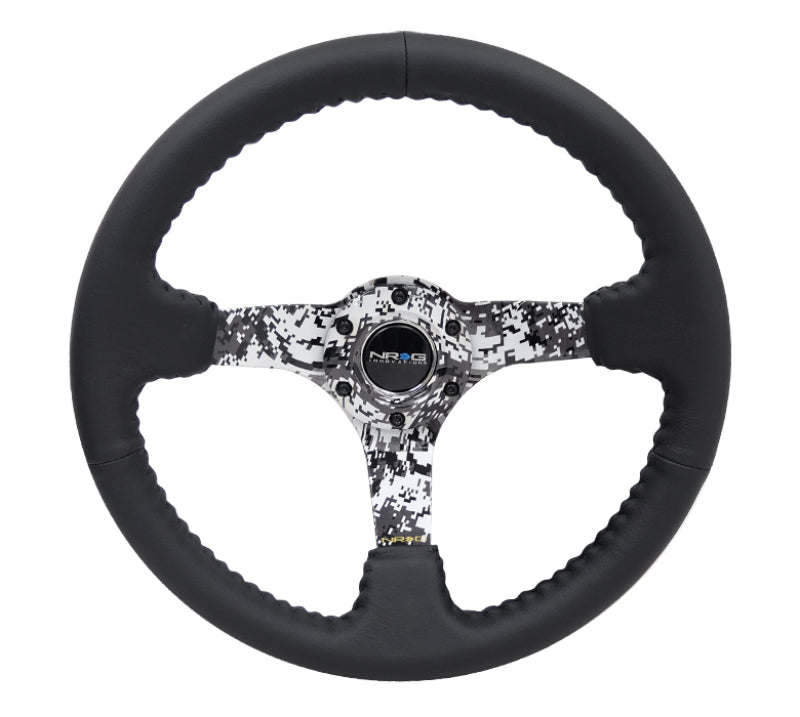 NRG Reinforced Steering Wheel (350mm / 3in. Deep) Blk Leather w/Hydrodipped Digi-Camo Spokes