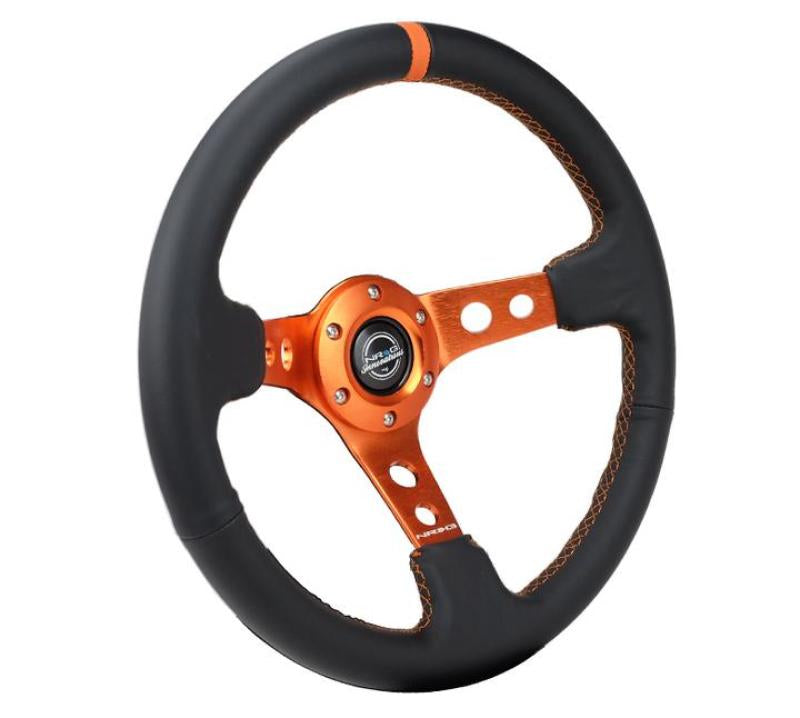 NRG Reinforce Steering Wheel (350mm / 3in. Deep) Blk Leather, Orange Center Mark w/ Orange Stitching