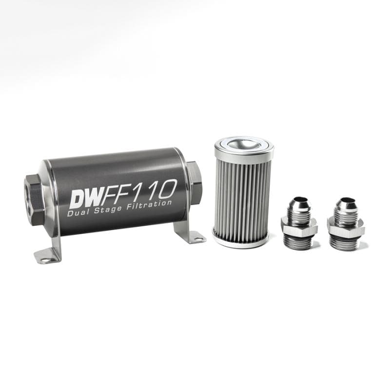 DeatschWerks Stainless Steel 8AN 10 Micron Universal Inline Fuel Filter Housing Kit (110mm) - Two Step Performance