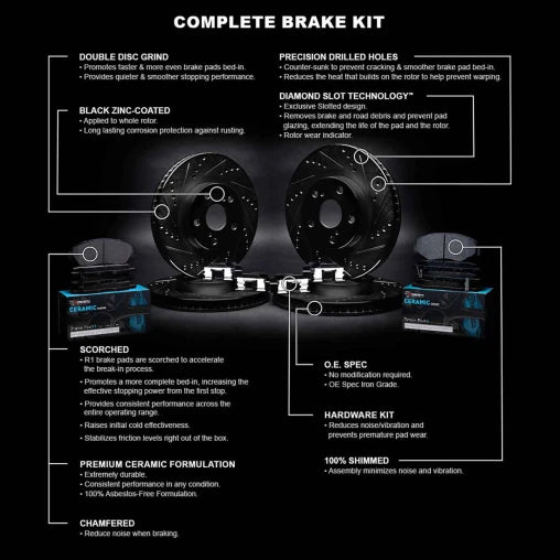 R1 eLINE Black Drilled & Slotted Rotors with CERAMIC Pads and Hardware (Si Only)