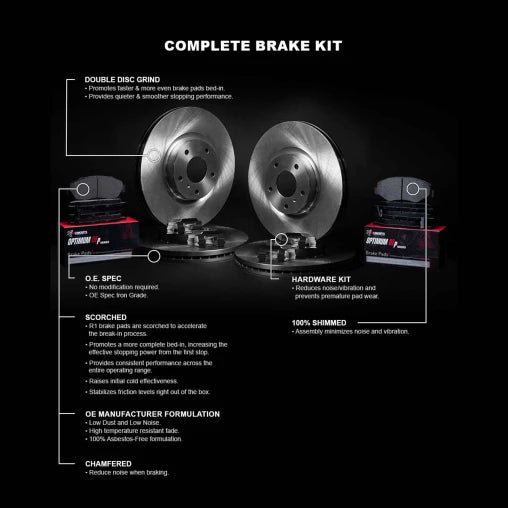 R1 eLINE Blank Rotors with OPTIMUM OEp Pads, Hardware (LX & EX-L)