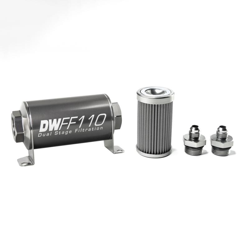 DeatschWerks Stainless Steel 6AN 100 Micron Universal Inline Fuel Filter Housing Kit (110mm) - Two Step Performance