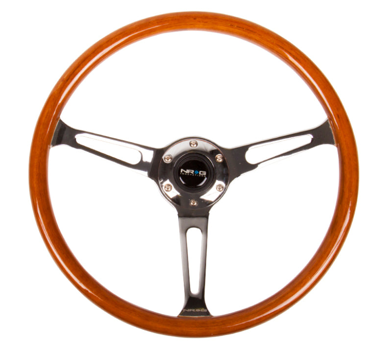 NRG Reinforced Steering Wheel (360mm) Classic Wood Grain w/Chrome Cutout 3-Spoke Center