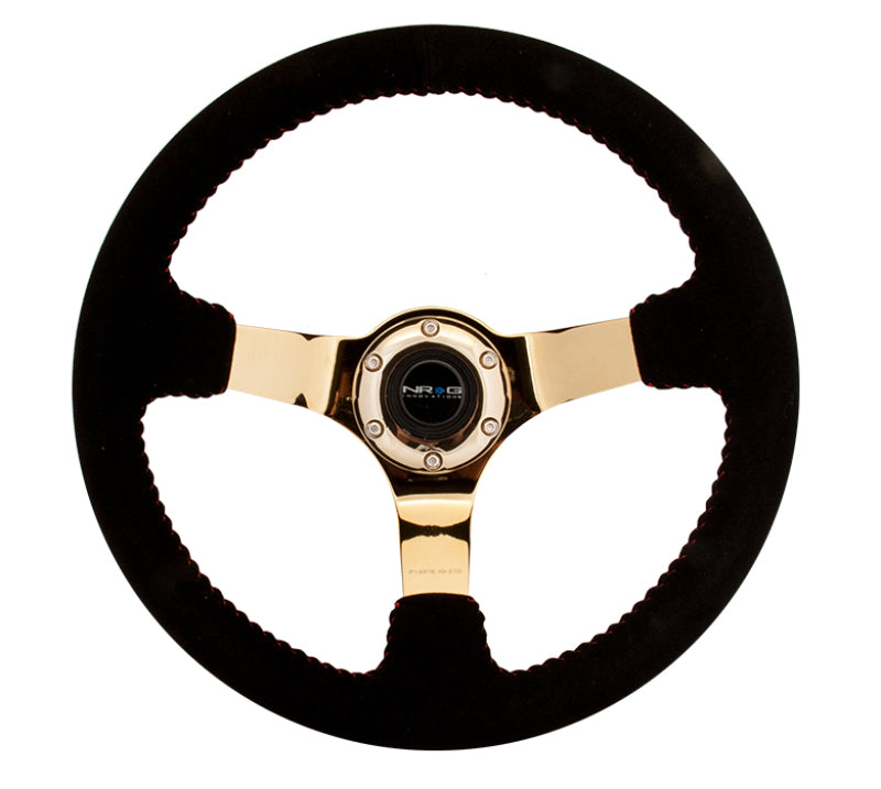 NRG Reinforced Steering Wheel (350mm / 3in. Deep) Blk Suede w/Red BBall Stitch & Chrome Gold 3-Spoke