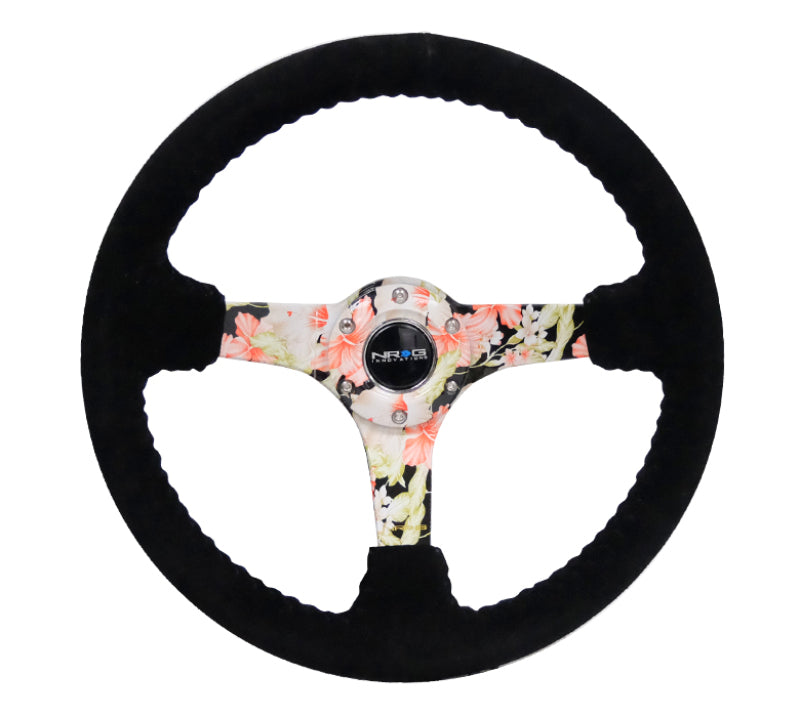 NRG Reinforced Steering Wheel (350mm / 3in. Deep) Blk Suede Floral Dipped w/ Blk Baseball Stitch