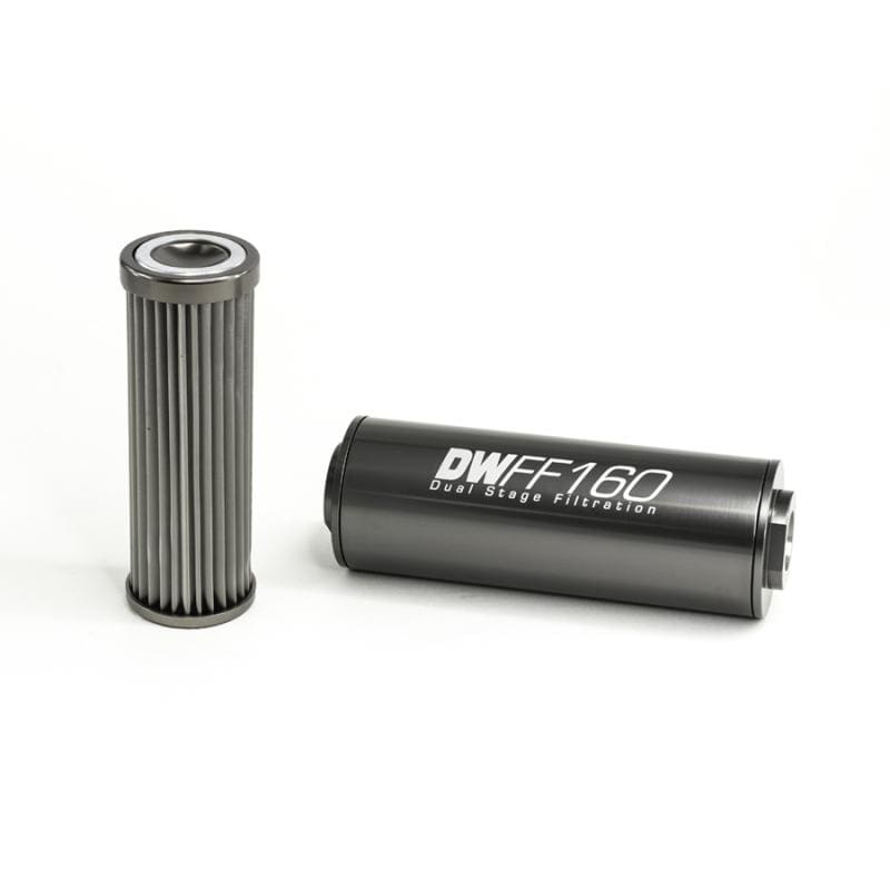 DeatschWerks Stainless Steel 8AN 10 Micron Universal Inline Fuel Filter Housing Kit (160mm) - Two Step Performance