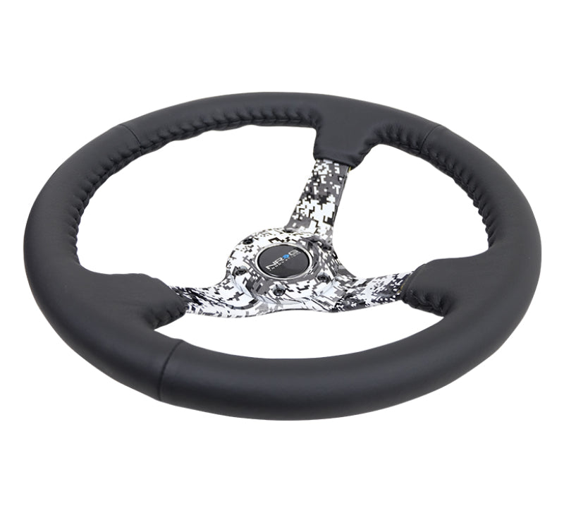 NRG Reinforced Steering Wheel (350mm / 3in. Deep) Blk Leather w/Hydrodipped Digi-Camo Spokes