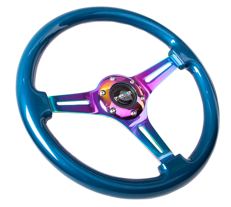 NRG Classic Wood Grain Steering Wheel (350mm) Blue Pearl/Flake Paint w/Neochrome 3-Spoke Center