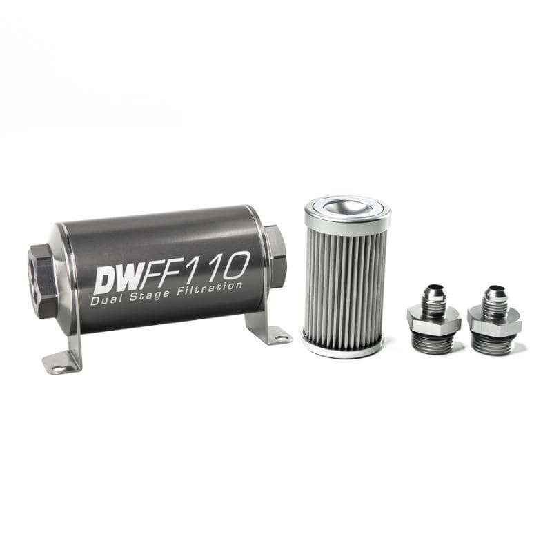 DeatschWerks Stainless Steel 6AN 10 Micron Universal Inline Fuel Filter Housing Kit (110mm) - Two Step Performance