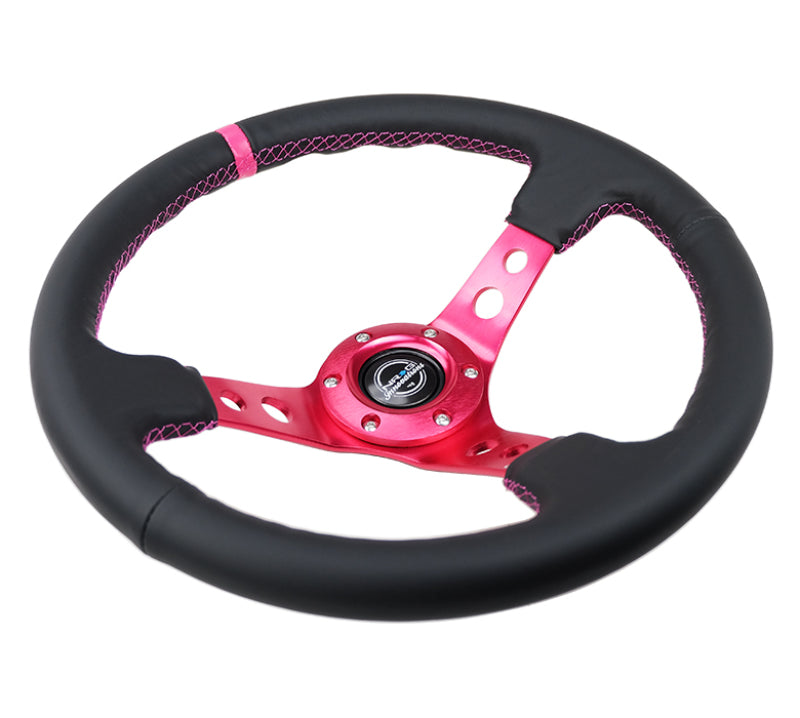 NRG Reinforced Steering Wheel (350mm/3in. Deep) Black Leather/ Fushia Center Mark/ Fushia Stitching