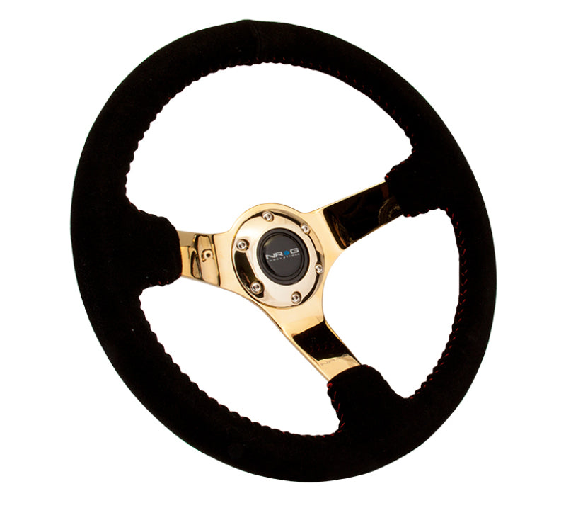 NRG Reinforced Steering Wheel (350mm / 3in. Deep) Blk Suede w/Red BBall Stitch & Chrome Gold 3-Spoke